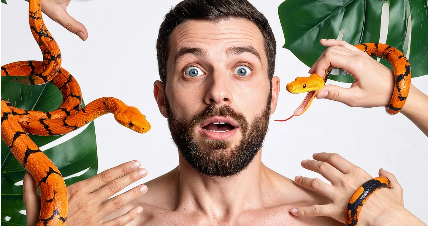 Man surrounded by snakes in a Garden of Eden setting